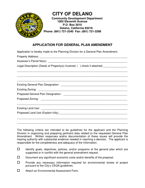 First page of the Application for General Plan Amendment