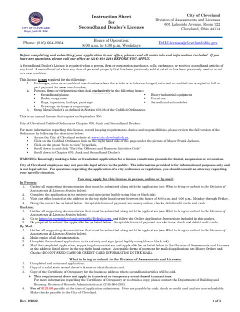 First page of the Secondhand Dealer License Application