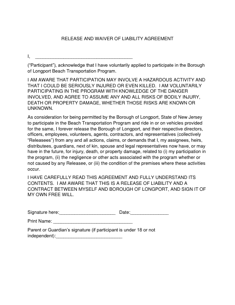 First page of the Release and Waiver of Liability Agreement