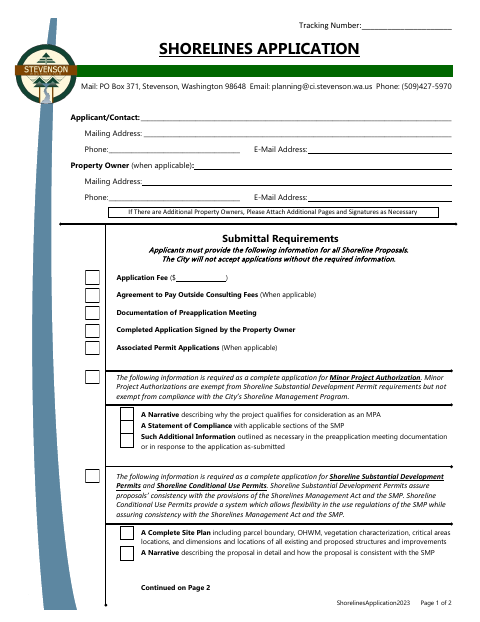 First page of the Shorelines Application
