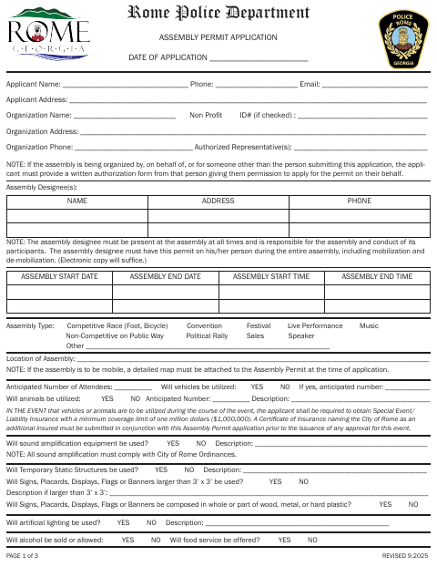 First page of the Assembly Permit Application