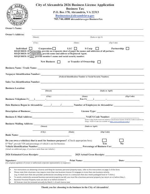 First page of the 2026 Business License Application