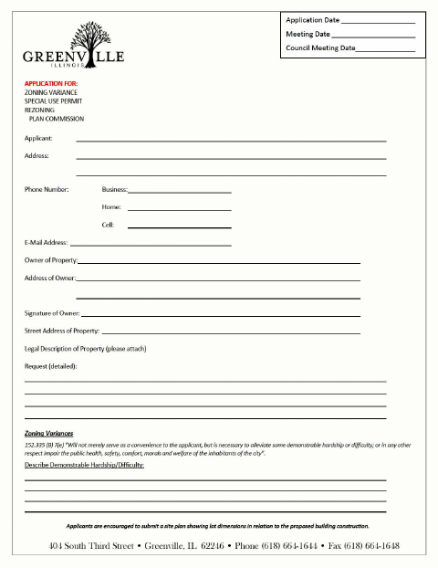 First page of the Zoning Variance, Special Use, or Rezoning Application