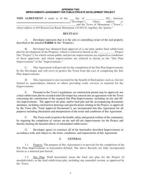 First page of the Improvements Agreement for Public/Private Development Project