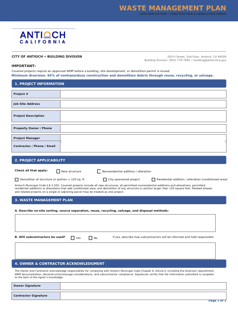 First page of the Waste Management Plan 2026 Application – Construction & Demolition Debris