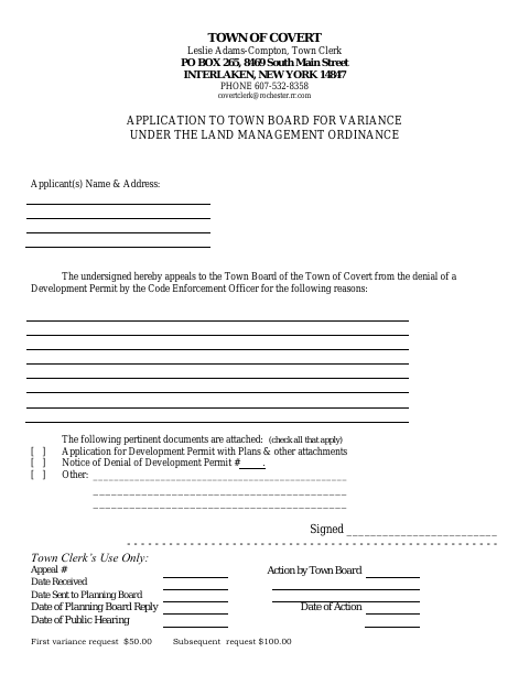 First page of the Application to Town Board for Variance