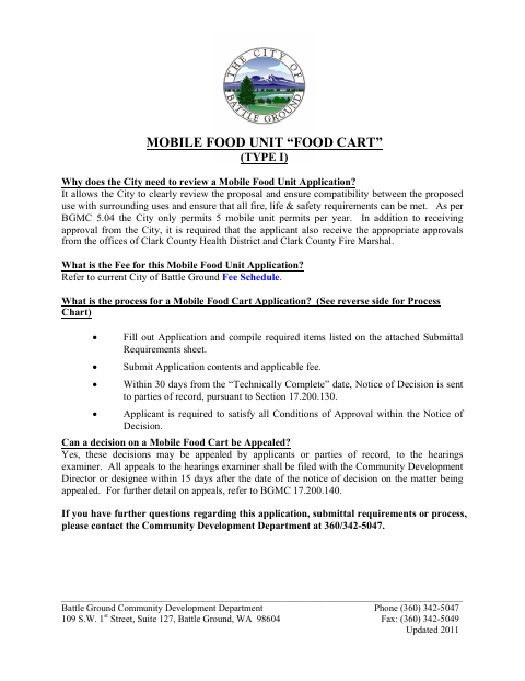 First page of the Mobile Food Unit “Food Cart” (Type I) Application