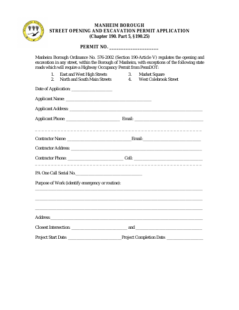 First page of the Street Opening and Excavation Permit Application