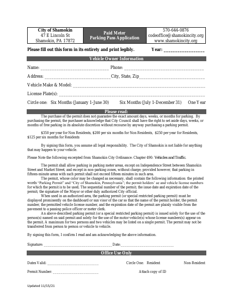 First page of the Paid Meter Parking Pass Application