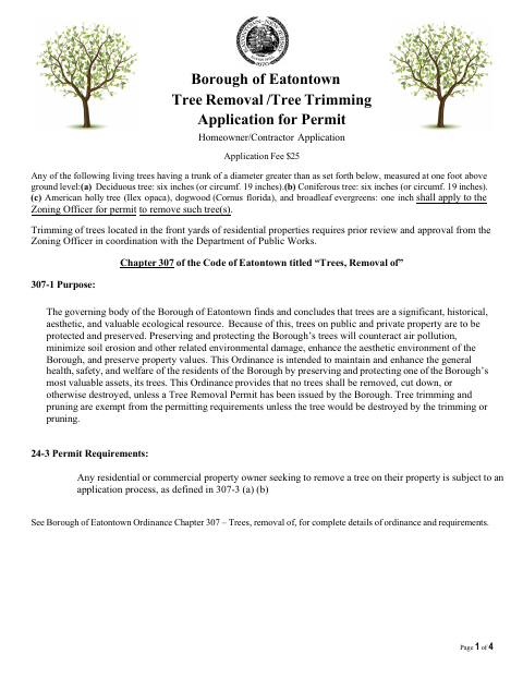 First page of the Tree Removal / Tree Trimming Application for Permit