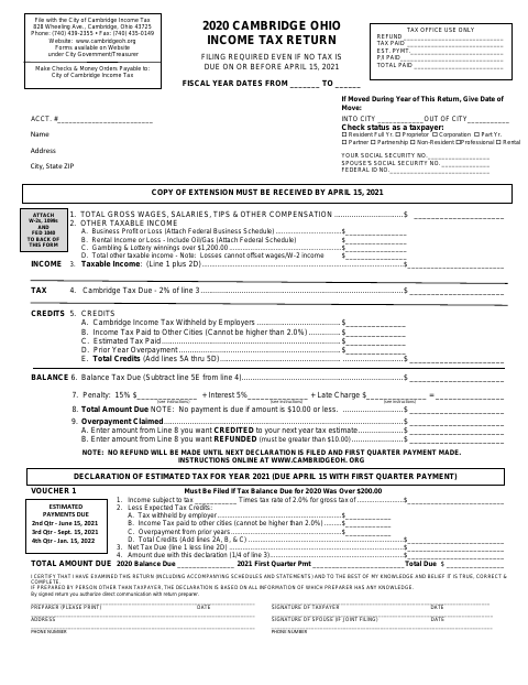 First page of the 2020 Cambridge Ohio Income Tax Return