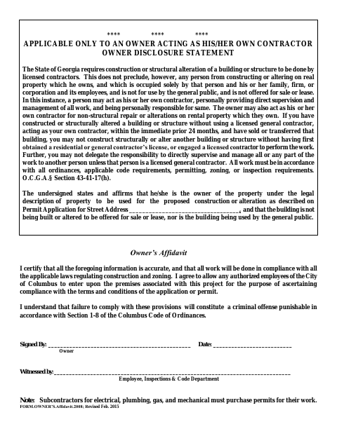 First page of the Owner's Affidavit