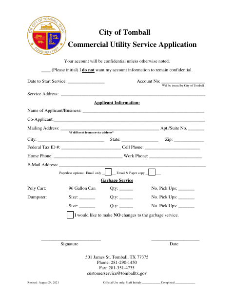 First page of the Commercial Utility Service Application