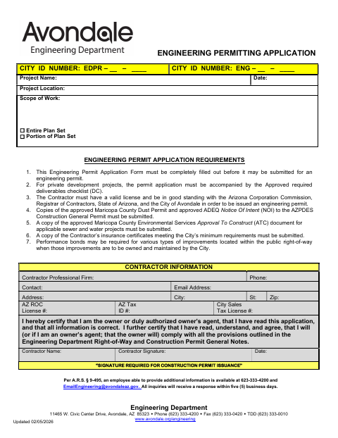 First page of the Engineering Permitting Application