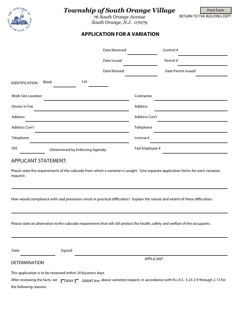 First page of the Application for a Variation