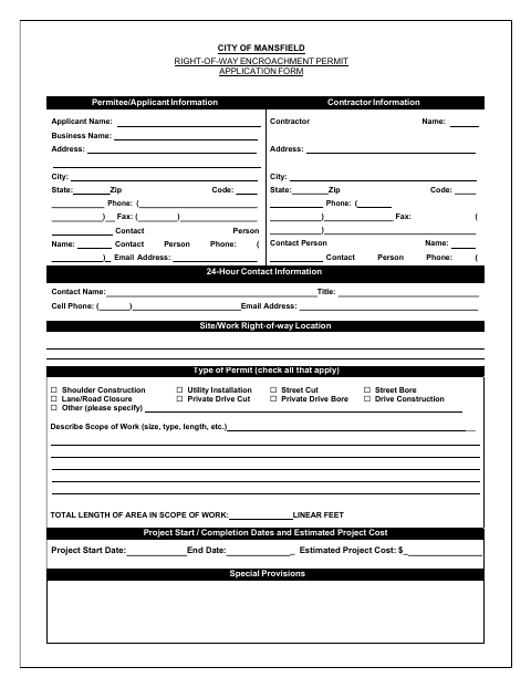 First page of the Right-of-Way Encroachment Permit Application