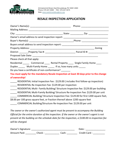 First page of the Resale Inspection Application