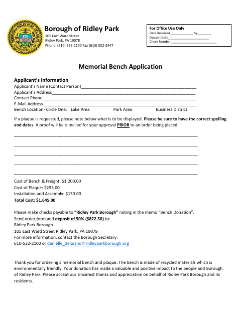 First page of the Memorial Bench Application