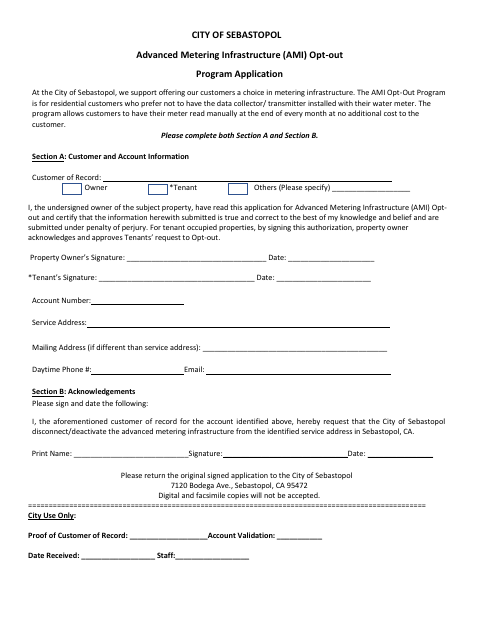 First page of the Advanced Metering Infrastructure (AMI) Opt-Out Program Application