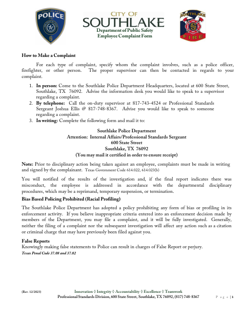 First page of the Department of Public Safety Employee Complaint Form