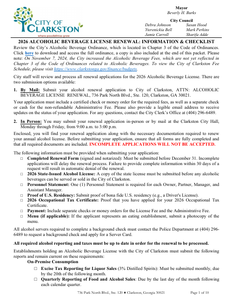 First page of the 2026 Alcoholic Beverage License Renewal Application
