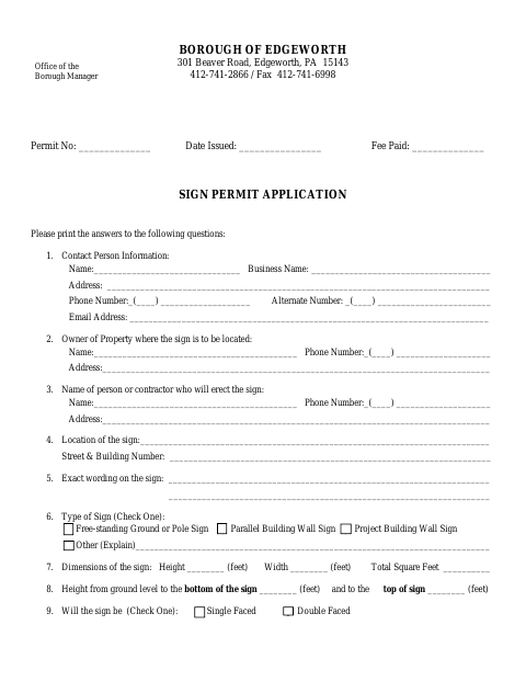 First page of the Sign Permit Application