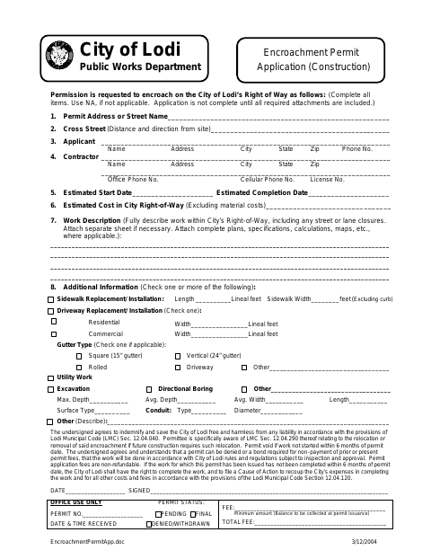 First page of the Construction Encroachment Permit Application