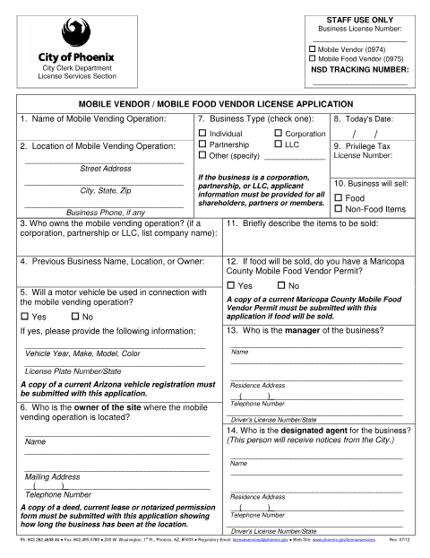 First page of the Mobile Vendor / Mobile Food Vendor License Application
