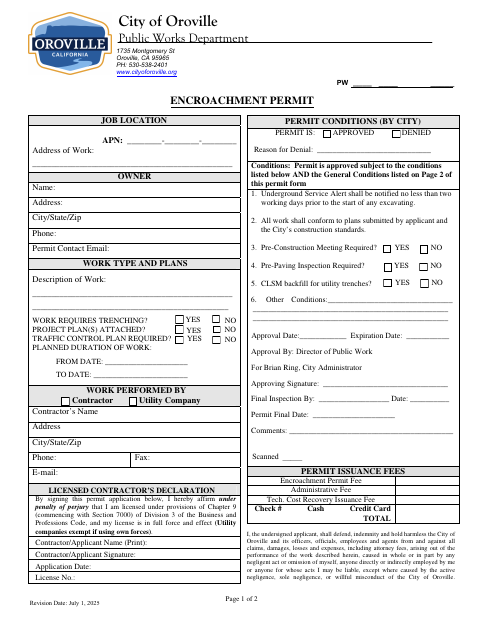 First page of the Encroachment Permit Application