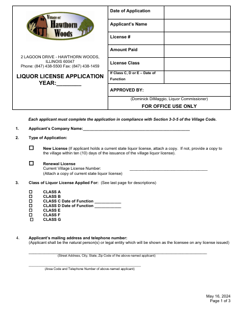 First page of the Liquor License Application