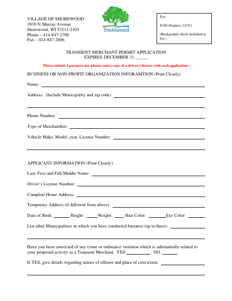 First page of the Transient Merchant Permit Application