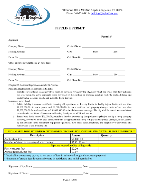 First page of the Pipeline Permit Application