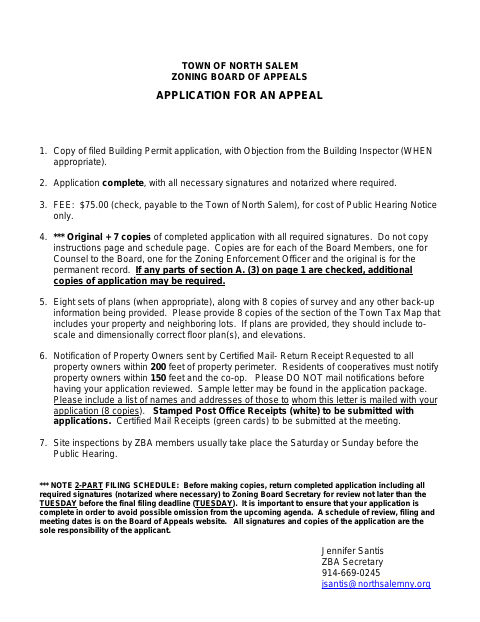 First page of the Zoning Board of Appeals Application for an Appeal
