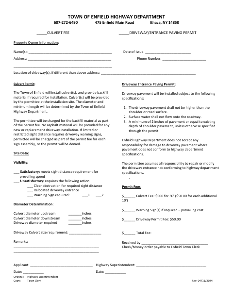 First page of the Culvert/Driveway Entrance Paving Permit