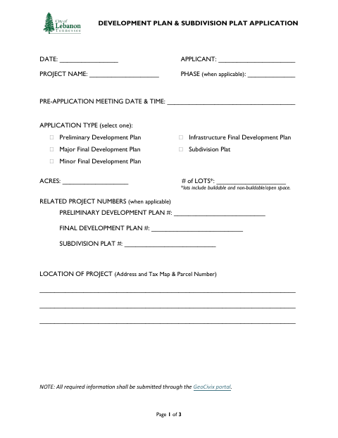 First page of the Development Plan and Subdivision Plat Application