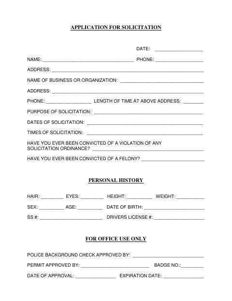 First page of the Application for Solicitation