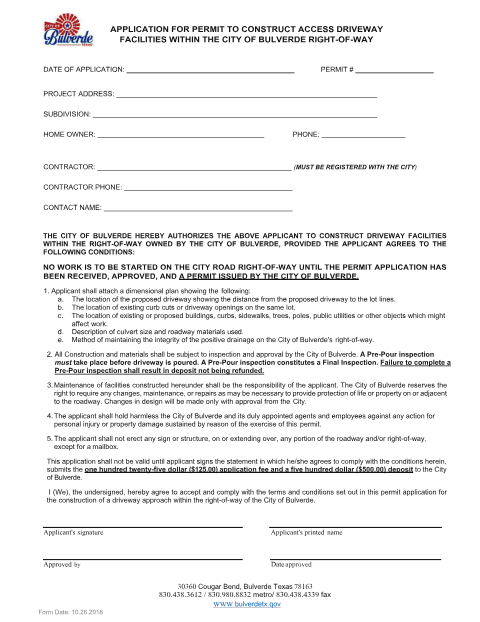 First page of the Right-of-Way Access Permit Application