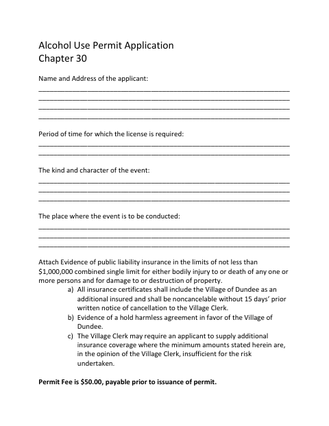 First page of the Alcohol Use Permit Application