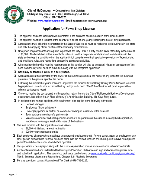First page of the Pawn Shop License Application