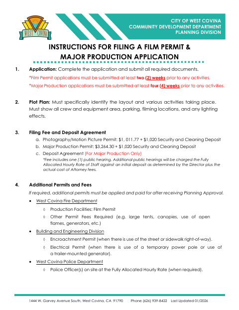 First page of the Film Permit & Major Production Application Checklist