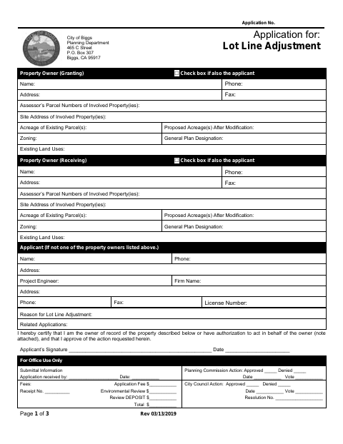 First page of the Lot Line Adjustment Application