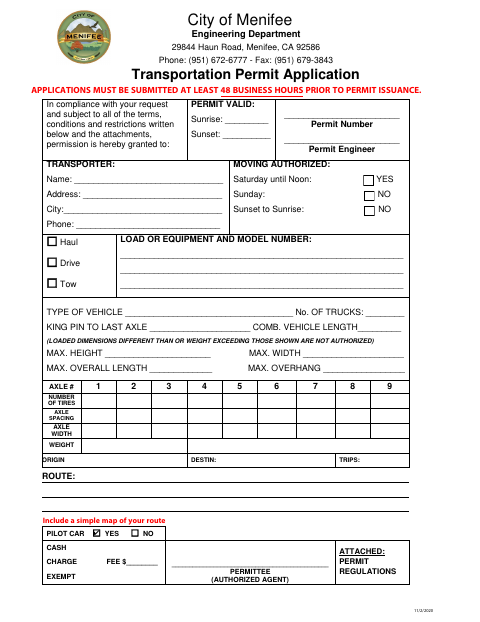 First page of the Transportation Permit Application