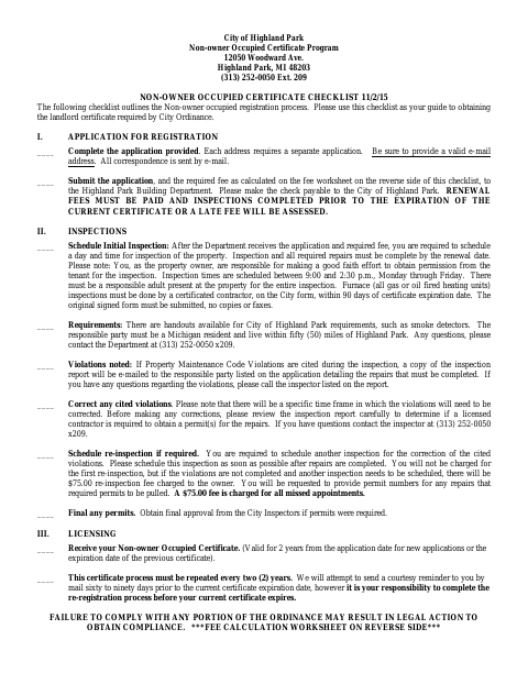 First page of the Non-Owner Occupied Certificate Checklist