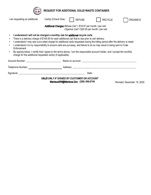 First page of the Request for Additional Solid Waste Container