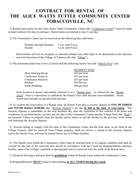 First page of the Contract for Rental of the Alice Watts Tuttle Community Center