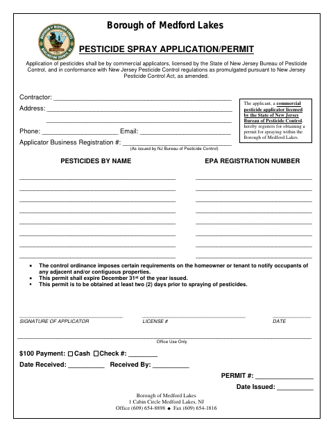 First page of the Pesticide Spray Application/Permit