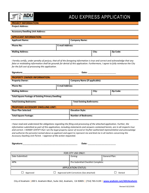 First page of the ADU Express Application