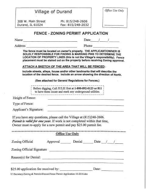 First page of the Fence Zoning Permit Application