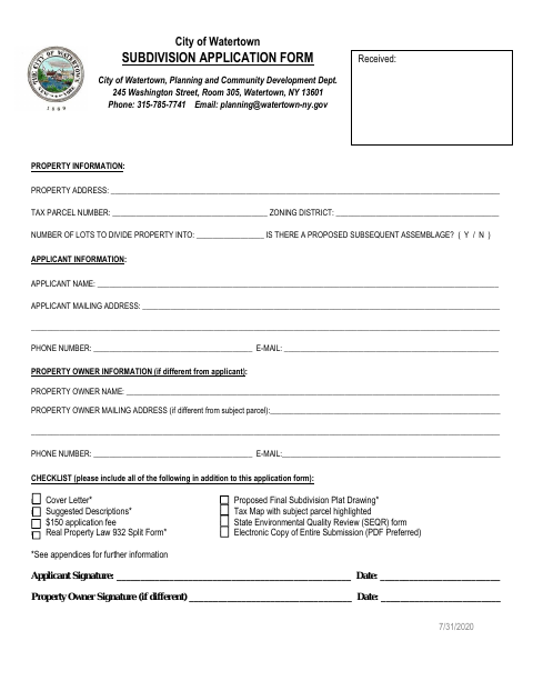 First page of the Subdivision Application Form