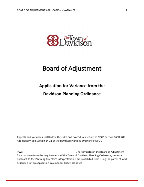 First page of the Board of Adjustment Application for Variance
